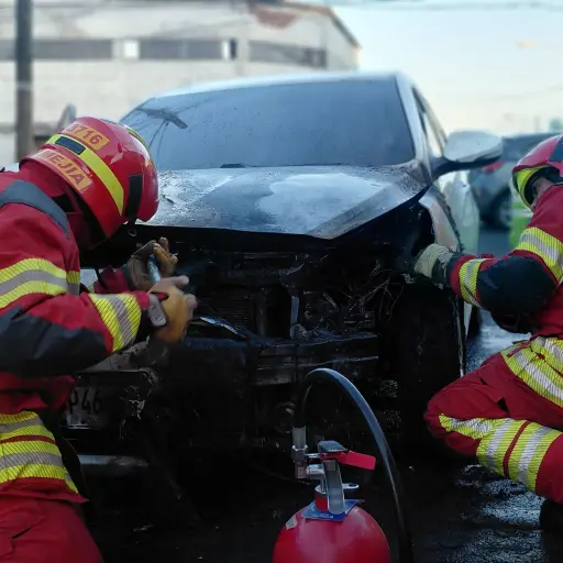 Los bomberos lograron controlar las llamas que consumían el vehículo en la zona 8. ,Bomberos Municipales